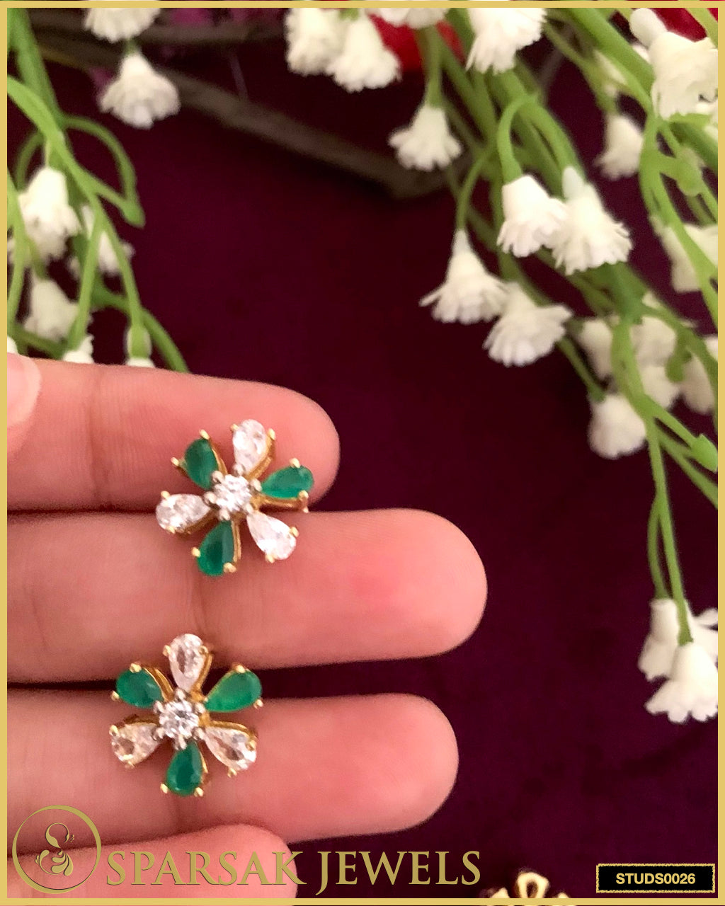 Gold Polished Flower Silver Studs with Cubic Zirconia and Emeralds - Nature-inspired Elegance by Sparsak Jewels