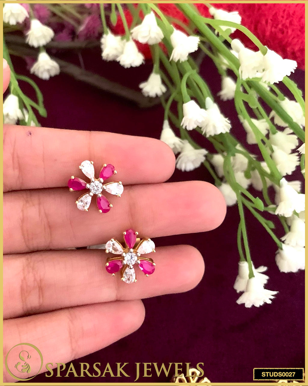 Gold Polished Flower Silver Studs with Cubic Zirconia and Ruby - Nature-inspired Elegance by Sparsak Jewels